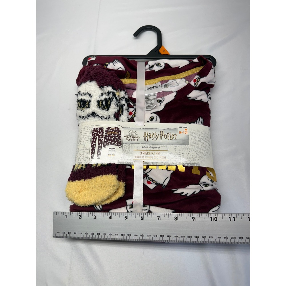 Harry Potter Hedwig 3 Piece Pajama Set Womens Medium Burgundy Fleece PJs & Socks - Picture 3 of 7
